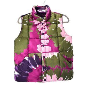 Lands End Floral Down Puffer Vest M 10-12 Bright Snap Close Pink Green Purple
